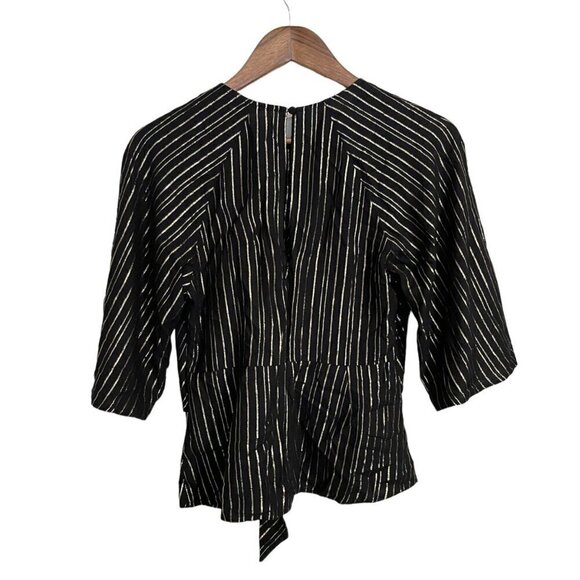 Express Womens Black Gold Metallic Stripe Tie Front Keyhole Blouse Size Small - Picture 9 of 9